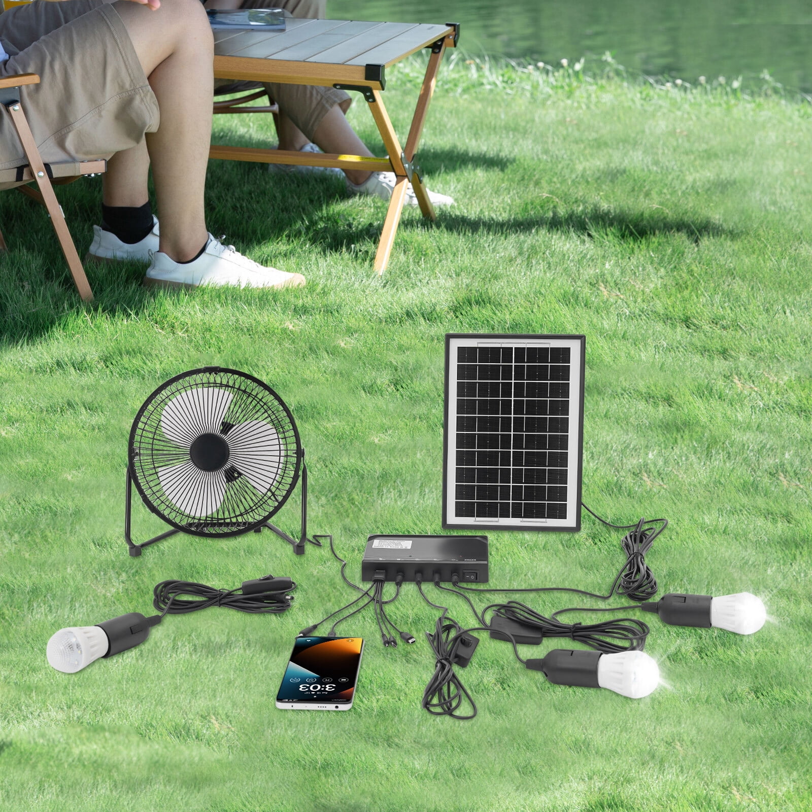 4000mAh Solar Lighting System Kit,12V/500mA 3*LED Lights & Solar Power Panel & Charger & Adapter& FanFor Camping,Tiny Home Emergency, Hurricane