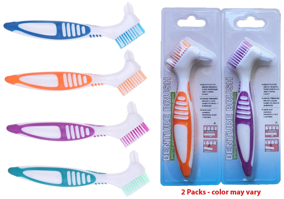 Denture toothbrush false teeth cleaning Brush double sided BRISTLES - Assorted colors (2 packs)