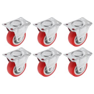 Set Of 4 Rigid Casters With Red Polyurethane On Polyolefin Wheels - 1.25" Size - Perfect For DIY Carts & Furniture