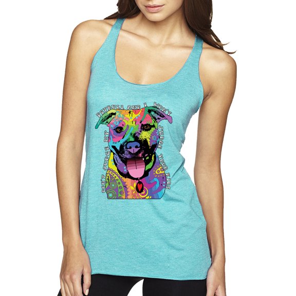Don't Judge My Pitbull I Won't Judge Your Kids Funny | Womens Dog Lover Premium Tri-Blend Racerback Tank Top, Tahiti Blue, Small