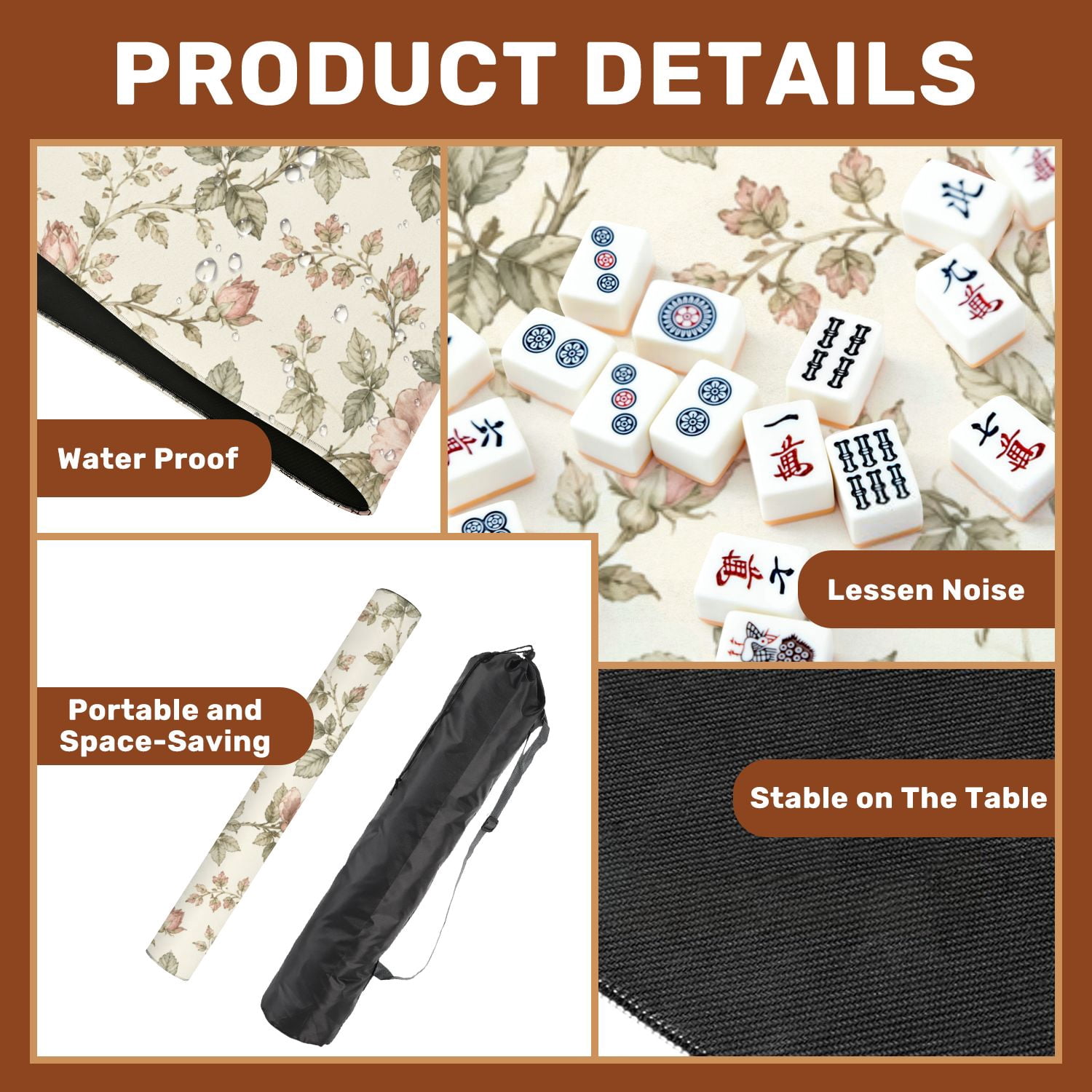 Mahjong Mat 31.5" x 31.5" Vintage Pink Floral Rose Soft Green Leaves Cream Non-Slip Noise Reduction American Mahjong Tiles Table Cover for Dominoes Poker Card Board Games Gift