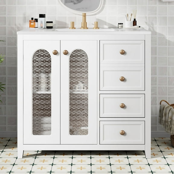 36-Inch Single Bathroom Vanity with Ceramic Top, 2 Glass Doors, Adjustable Shelves and Three Drawers