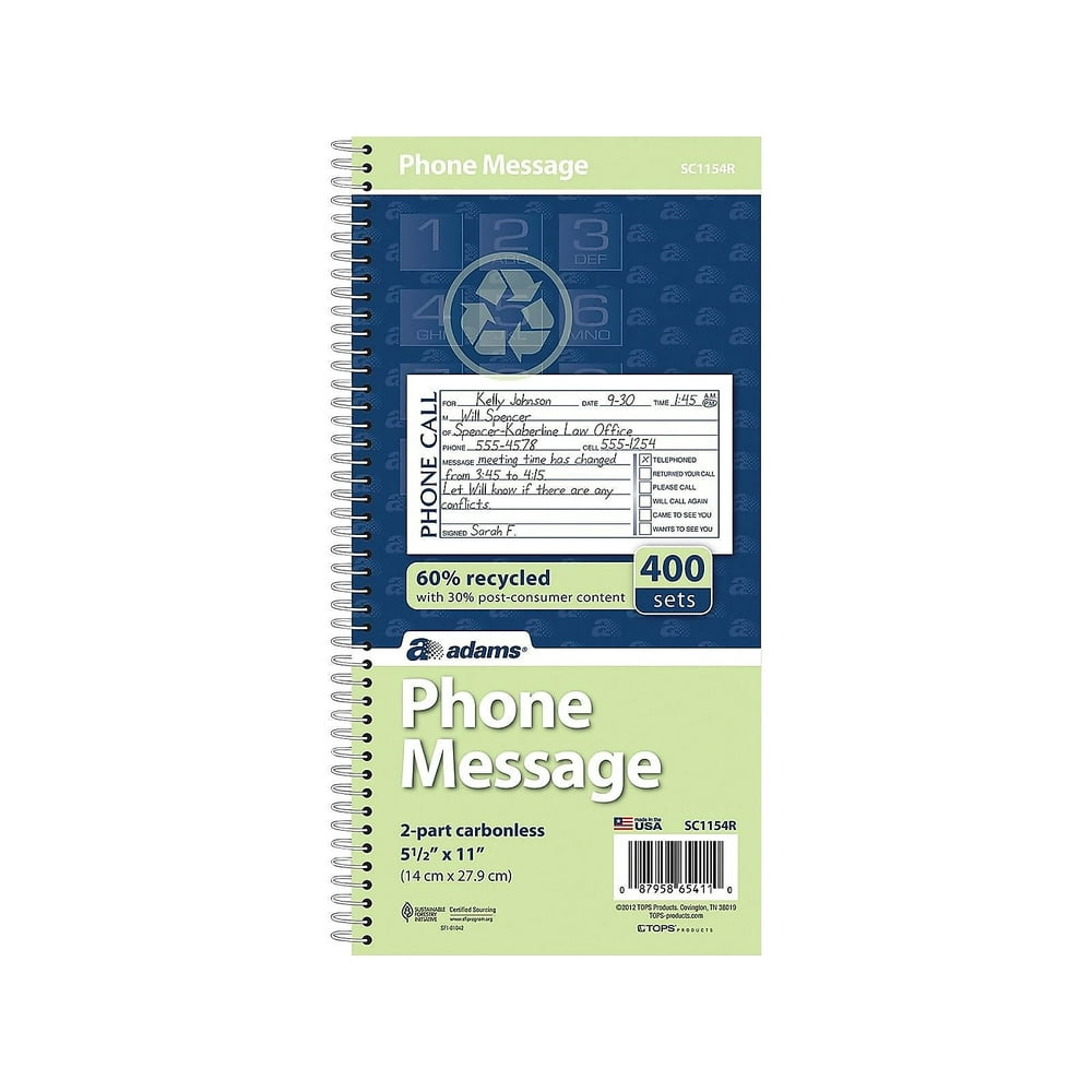 Adams Phone Message Pad 5.5" x 11" Ruled White 100 Sheets/Pad (SC1154R