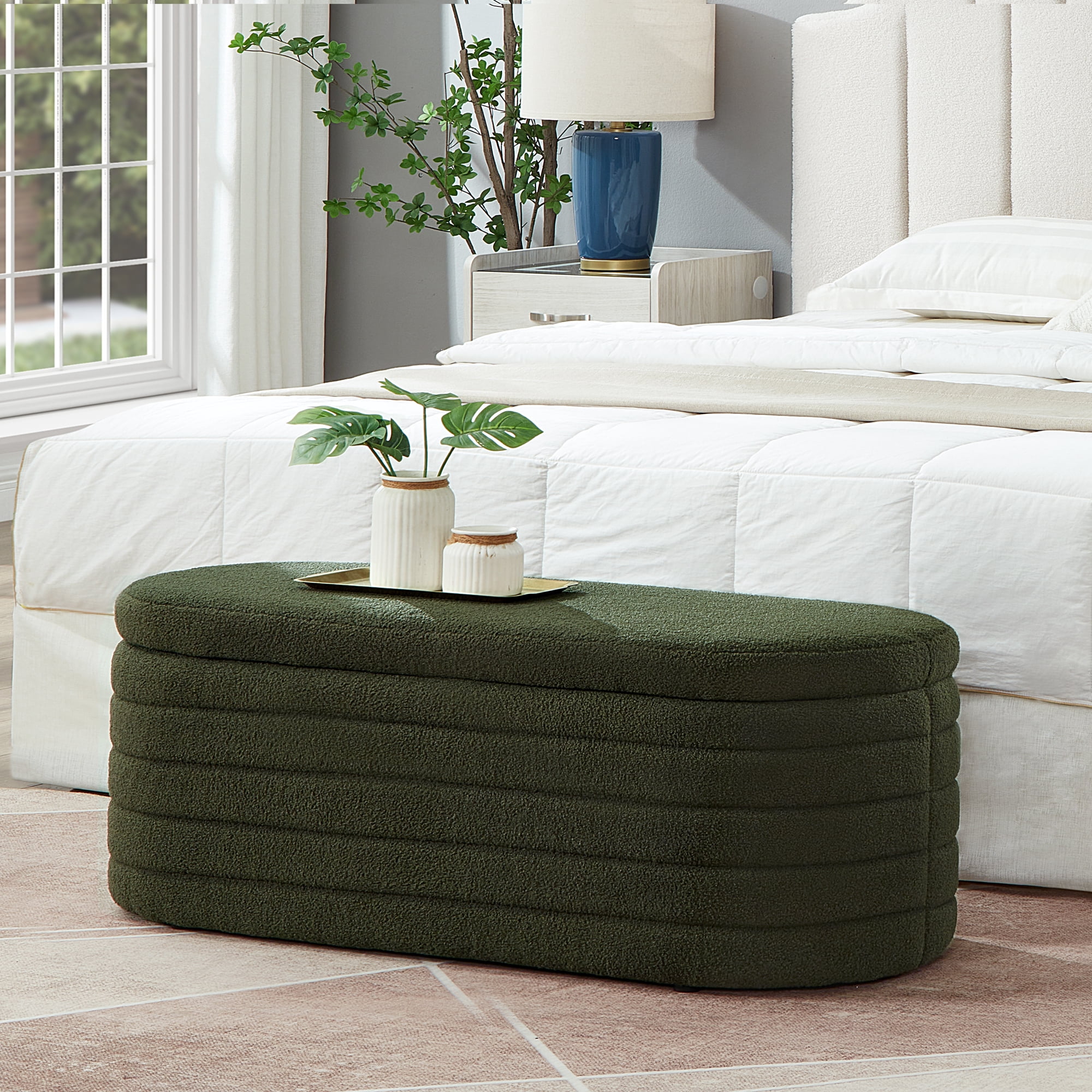 Storage Ottoman Bench End of Bed for Bedroom,43 inch Teddy Boucle Upholstered Entryway Shoe Seat Bench w/Storage,Sherpa Modern Cute Stool Foot Rest for Living Room,Window Seating,Dark Green