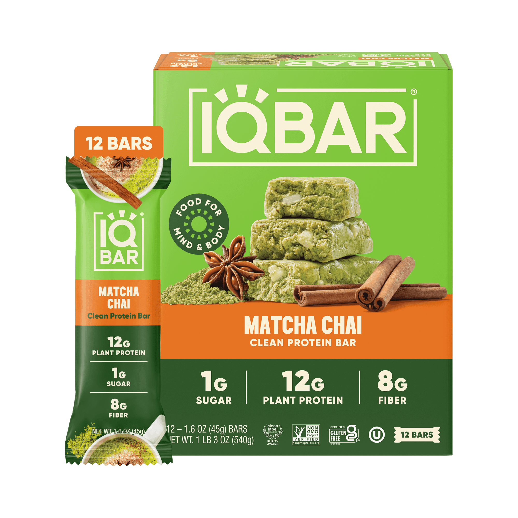 IQBAR Clean Plant Protein Bars - Matcha Chai - 12 Count - Keto, Vegan, High Fiber, Gluten and Dairy Free, Low Sugar Snack