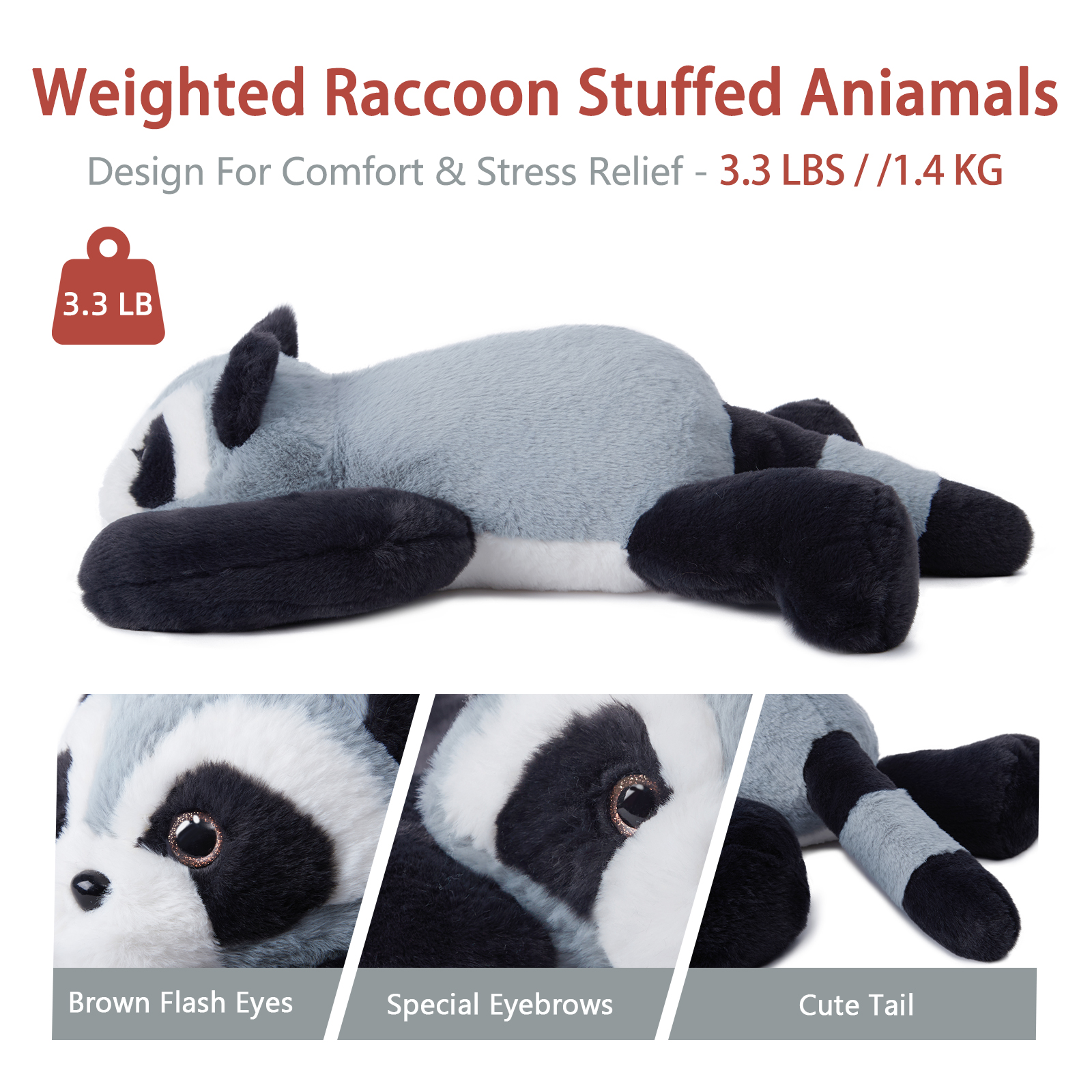 Niuniu Daddy Weighted Raccoon Stuffed Animals, 20"Large Raccoon Plush Toy,3.3lb Giant Weighted Pillow with Soft Faux Fur, Gift for Baby, Kids & Adults