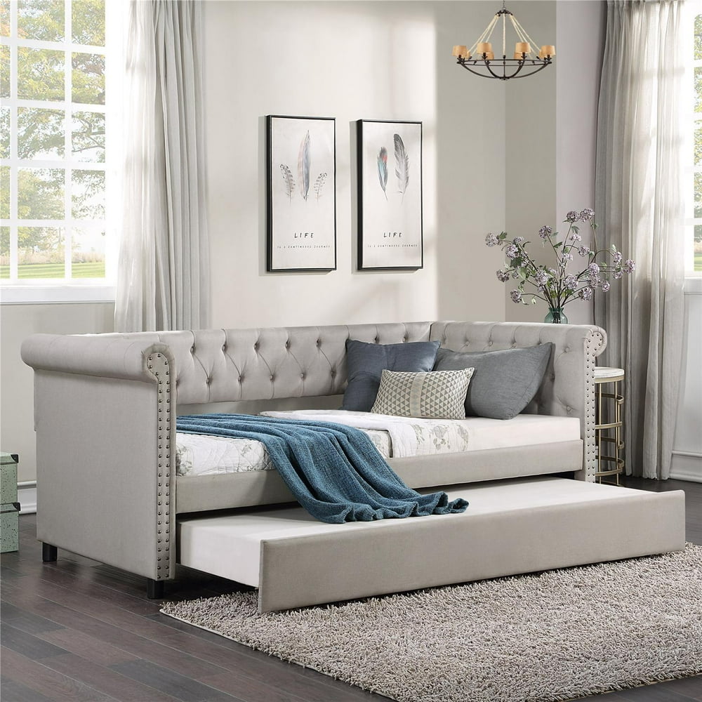 Twin Daybed with Trundle, Linen Fabric Upholstered Tufted Sofa Bed with