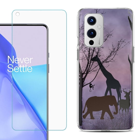 Slim-Fit TPU Phone Case Compatible with OnePlus 9 5G, with Tempered Glass Screen Protector, by OneToughShield ® - Twilight Safari