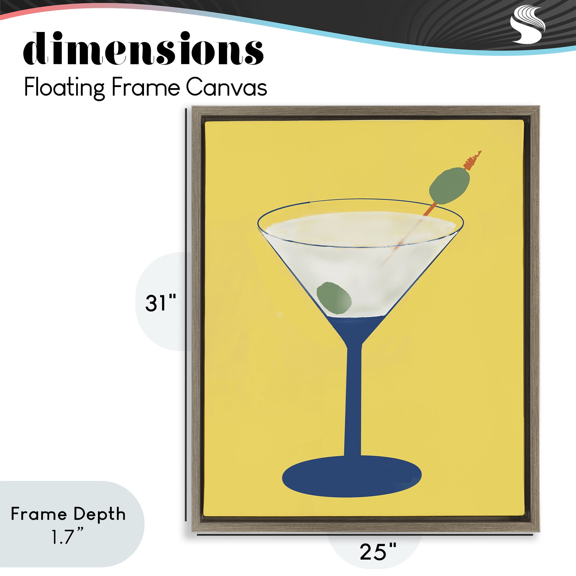 Stupell Industries Martini Glass over Yellow Brown Framed Floater Canvas Wall Art, design by Robin Maria