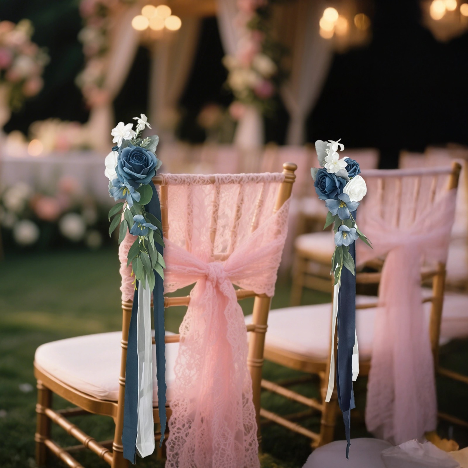 10 Pcs Wedding Aisle Chair Decorations, Pew Flowers for Wedding Ceremony Aisle, Blue and White Flower Combination, Artificial Flowers with Silk Ribbon, Ideal for Indoor and Outdoor Ceremonies