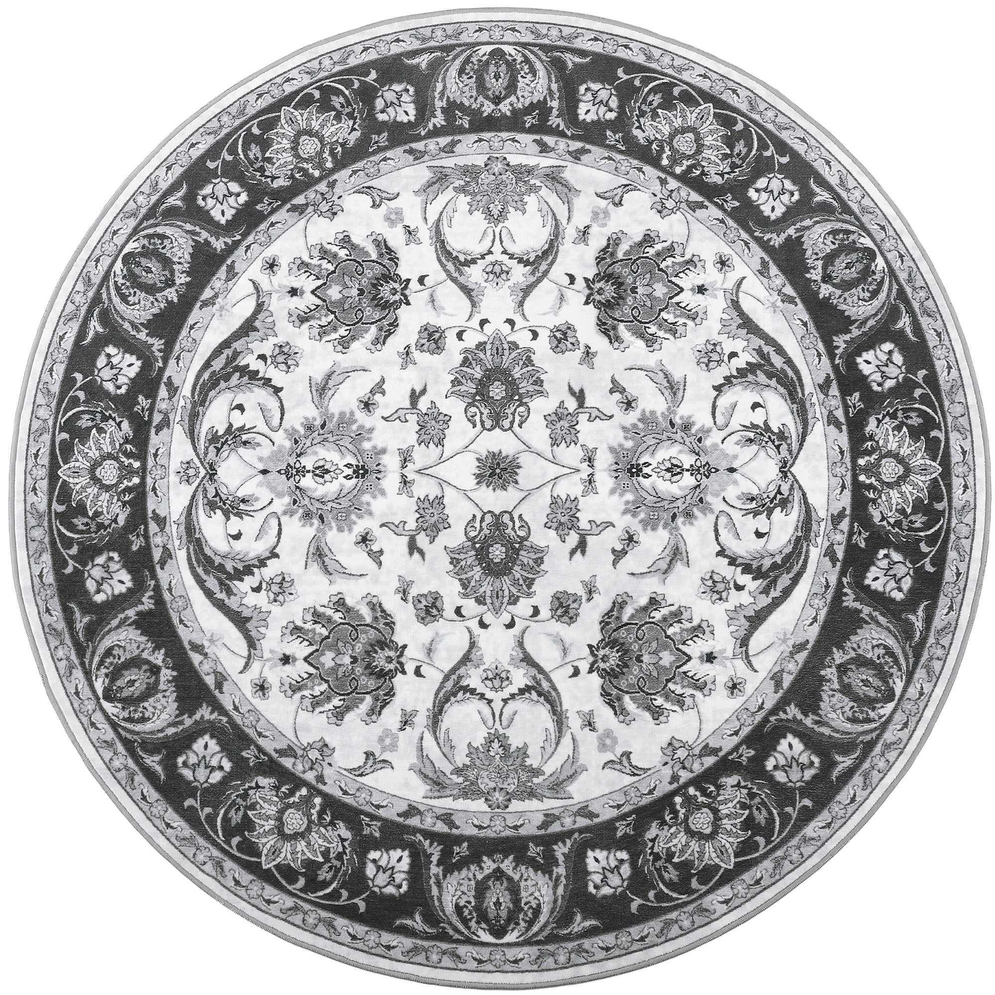 Cydiria Gray Round Persian Medallion Area Rug Floral Pattern Print Low-Pile Carpet for Living Room, 6' x 6'