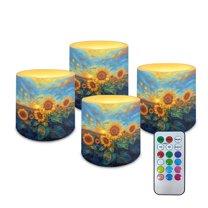 Kuiaobaty Waterproof Flameless LED Battery Votive Candles with Remote for Wedding Beach Party Decor 4 Packs Pillar Fake Candles with Colored Light Sunset Glow Sunflower Leaf Pattern