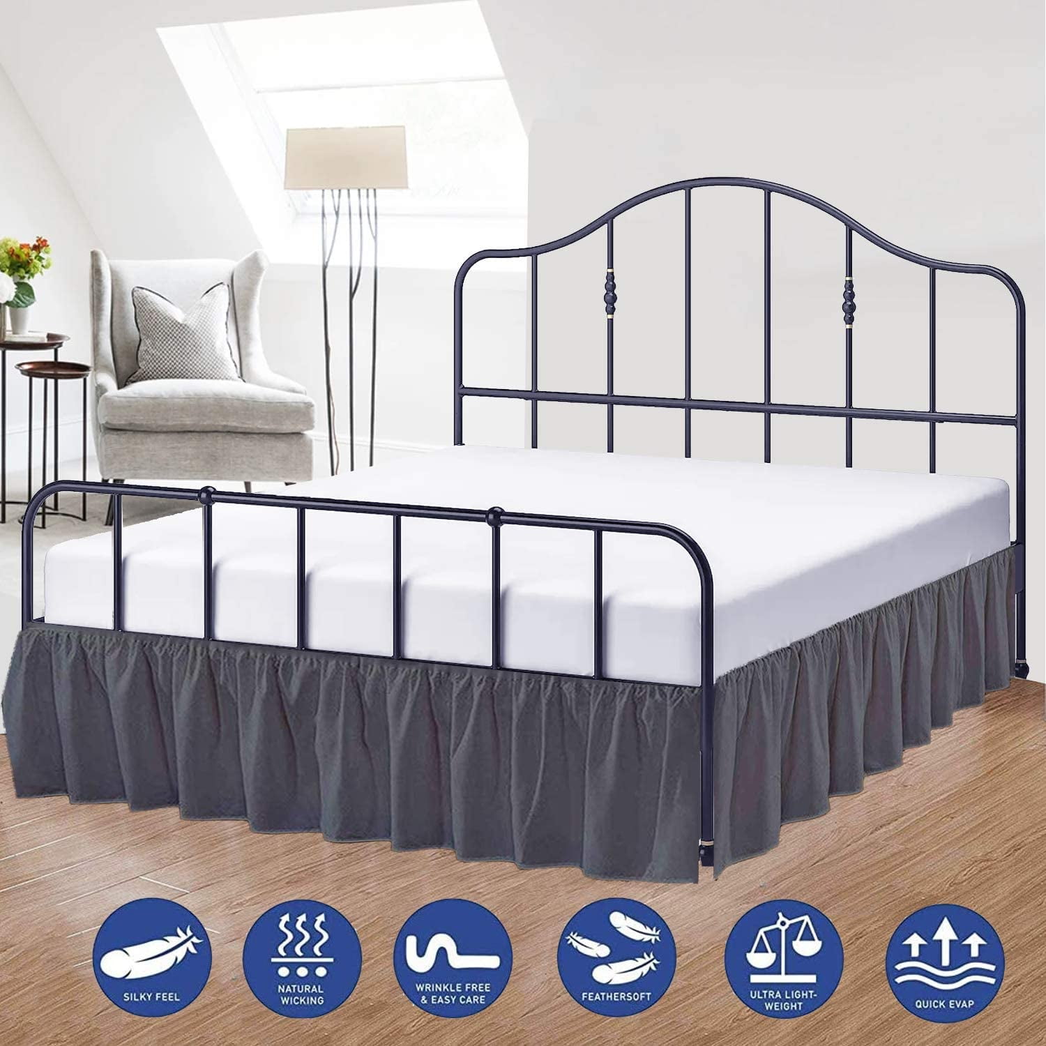 Cottington Lane Ruffled Bed Skirt- Microfiber- Dark Grey, King 18 Inch Drop Split Corner Bed Skirt With Platform