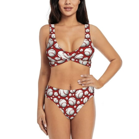 Zeuib Cute Baseball High Waisted Tummy Control Bikini Set - Knot Front Push Up Top & Cheeky Thong Bottom  Two-Piece Swimsuit for Women-XX-Large