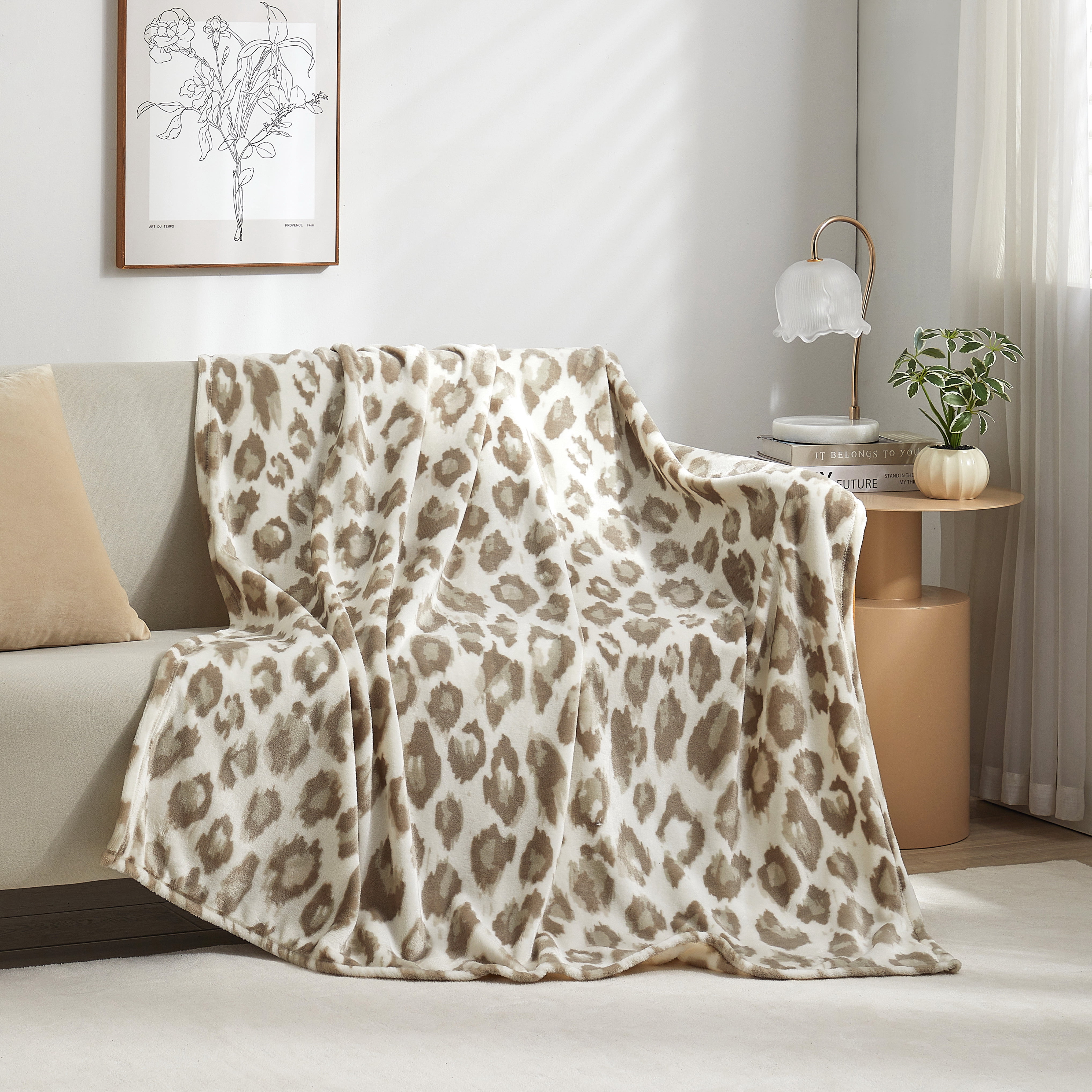 Mainstays Printed Plush Throw Blanket, Neutral Leopard, 50 x 60 in