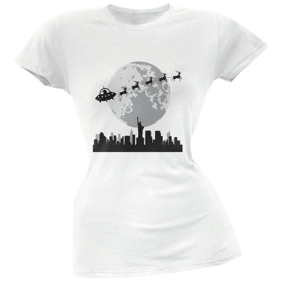 Alien Santa Sleigh White Soft Juniors T-Shirt - Large