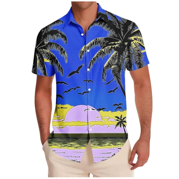 Mens Casual Manga Corta Botón Abajo Camisas Impresas Botón de Bolsillo Turndown Collar Blusa para Verano Al Aire Libre Casual Diario