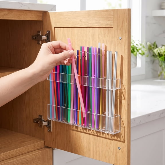 Acrylic Straw Holder for Cabinet Door – Reusable Tumbler Straw Organizer, Multi-Purpose Storage for Kitchen Accessories, Ultra-Sticky Mounted Organizer (Transparent)