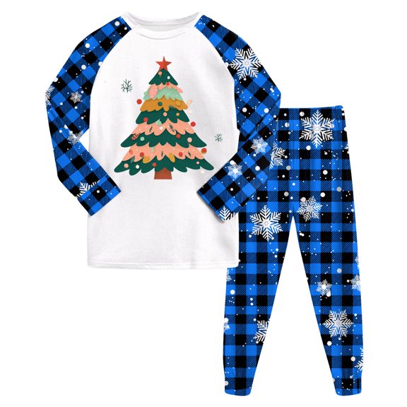 Cathalem Christmas Pajamas Matching Sets, Xmas Pjs Sets Graphic Print Plaid Sleepwear Outfits Sky Blue 3-4 Years