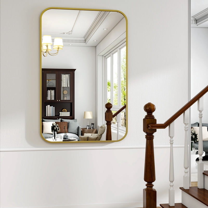 Easy4Home 38"x26" Rectangular Bathroom Mirror Hanging Rounded Corners Vanity Mirror Wall Mounted, Gold
