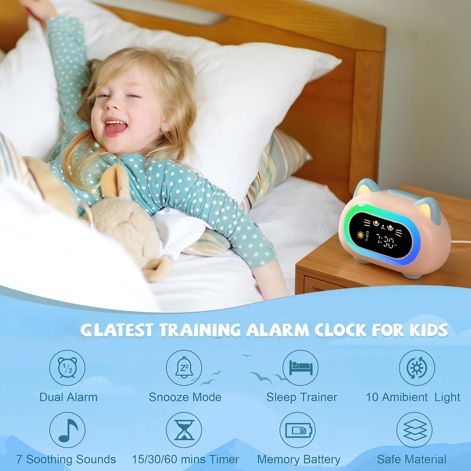 Sailstar Kids Alarm Clock with Night Light, 10 Colors, 3-Level Dimmable, Snooze Mode, Sleep Training Clock with Sound Machine for Toddler Bedroom
