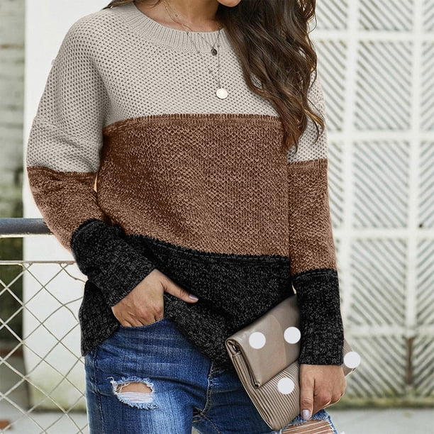 Suéter de cuello redondo para mujer, informal, de moda, de color a juego, de manga larga, con cuello redondo