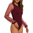 thumbnail image 4 of DARING DIVA Long Sleeve Bodysuit for Women's Clubwear Mesh Sleeves Jumpsuits Bodysuit M Burgundy, 4 of 5