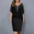 thumbnail image 2 of LWavelet Women's Plus Size Cocktail Dress Chiffon Cape Overlay Rhinestone V-Neck Bodycon Midi Dress Black XL, 2 of 4