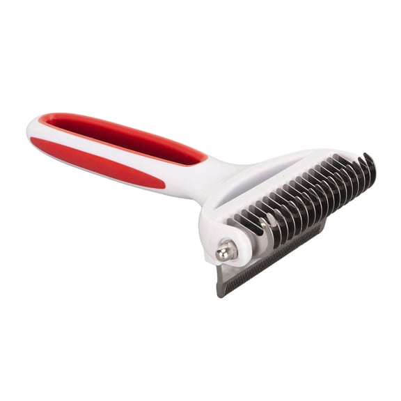 BOKYAN Dual‑Purpose Pet Deshedding Brush & Dematting Comb – 2‑in‑1 Rake & Straight Knife for Cats & Dogs, Red