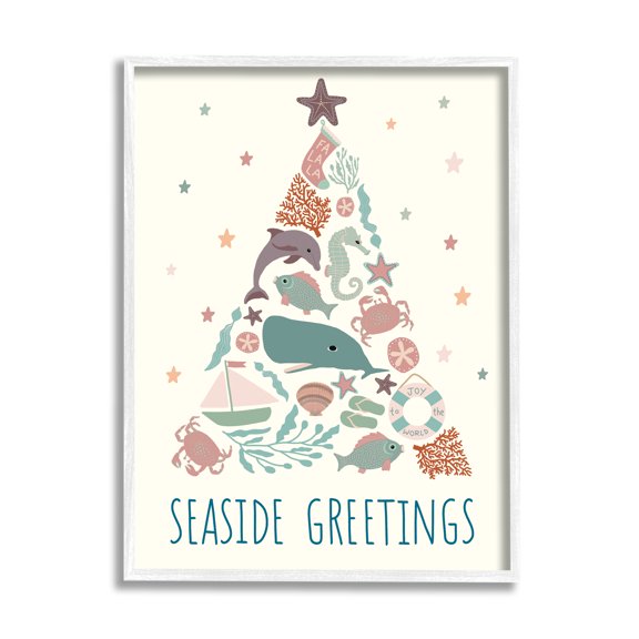 Seaside Greetings Aquatic Animals Botanicals Christmas Tree Coastal Graphic Art Framed Art Print Wall Art