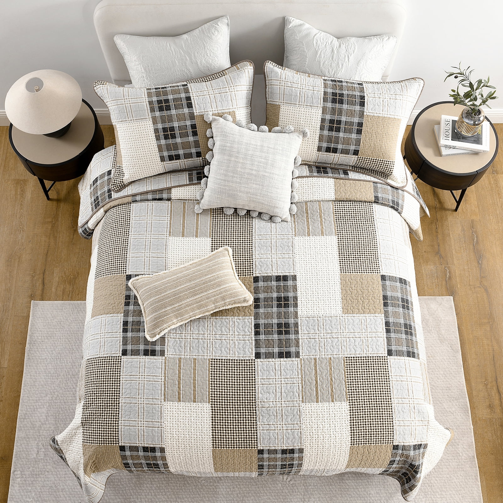 PANGUSHAN Farmhouse Patchwork 3 -Piece Cream/Beige/Gray Bedding Sets, Queen