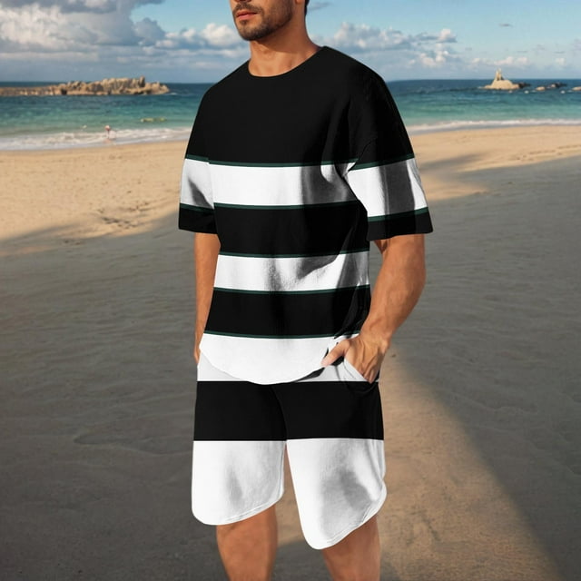 NTACZA Striped 2 Pieces Mens Short Sleeve Crew Neck Tracksuits Breathable Mens Athletic Sweatsuits 2X