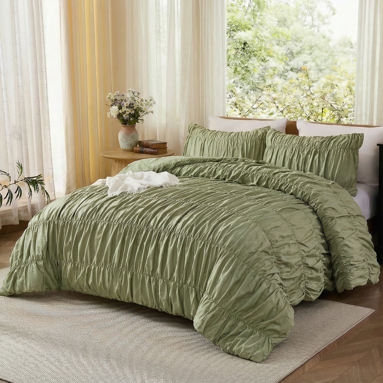 100% Cotton Green Wrinkle Duvet Cover Set Queen,Ruched Bedding Comforter Cover,Shabby Chic Ruffled 3 Pcs Queen Duvet Cover Set,Bohemian Boho Bedding Set with 1 Duvet  Cover 2 Pillowcases