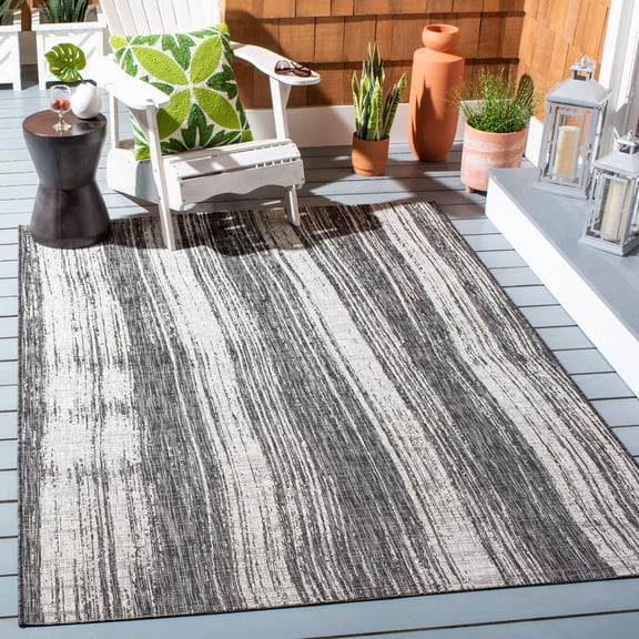 SAFAVIEH Courtyard John Striped Indoor/Outdoor Area Rug, Black/Grey, 5'5" x 7'7"