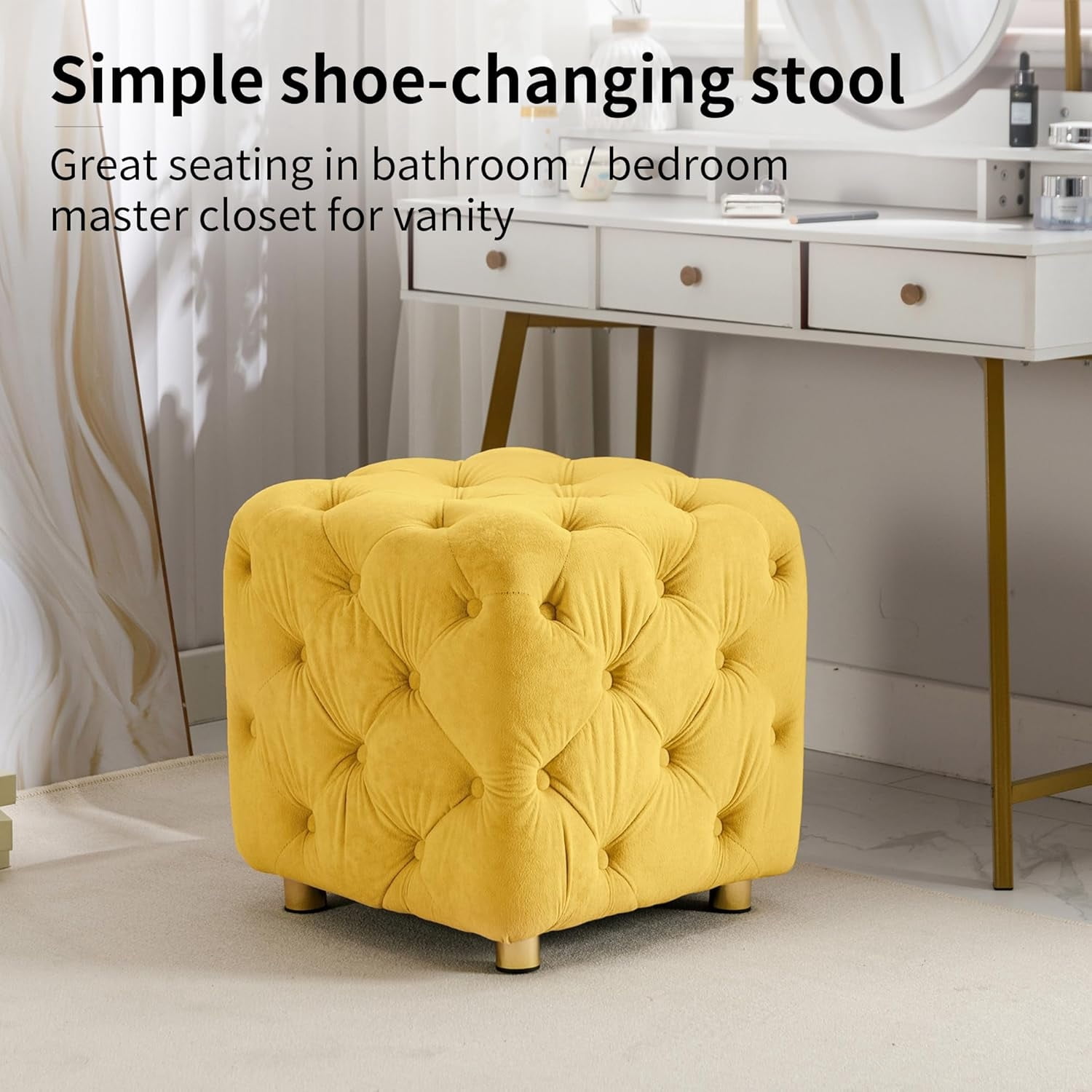 LEHZROAJ Button Tufted Velvet Vanity Stool with Metal Legs, Modern Makeup Ottoman, Upholstered Foot Rest Footstool for Living Room Bedroom（Yellow）