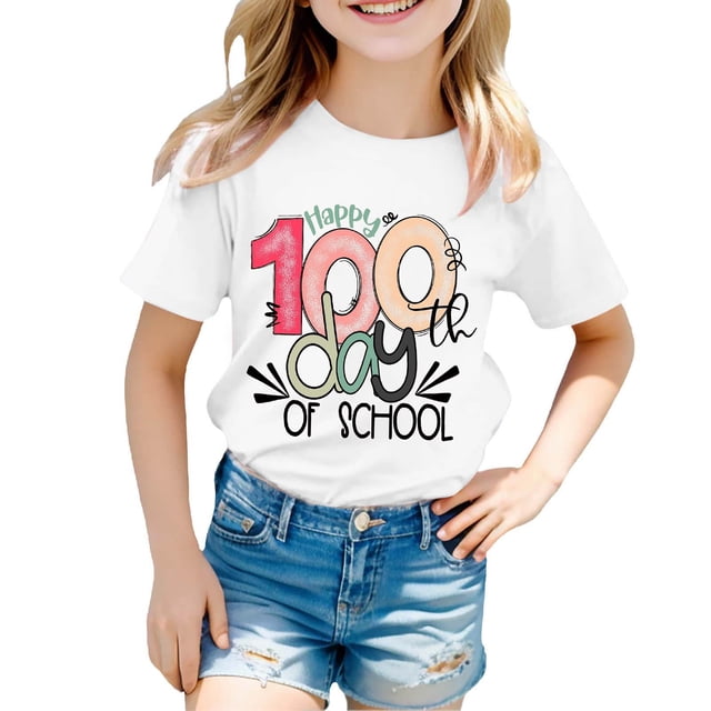 LUOGENLI T-Shirt pour Filles Enfants Mode Décontractée Imprimé Col Rond Manches Courtes Ample T-Shirt Maxi avec Fente Grande Taille Blanc 8-9 Ans