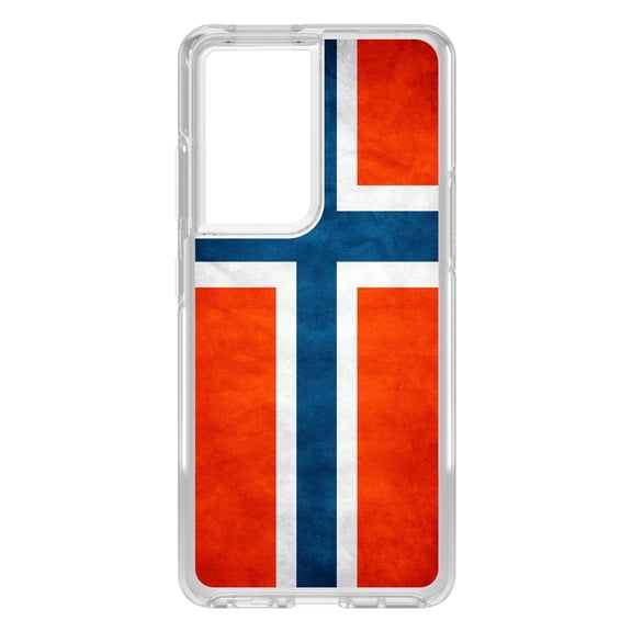 DistinctInk Clear Shockproof Hybrid Case for Galaxy S21 ULTRA 5G (6.8" Screen) - TPU Bumper, Acrylic Back, Tempered Glass Screen Protector - Norway Old Flag Red White Blue - Love of Norway