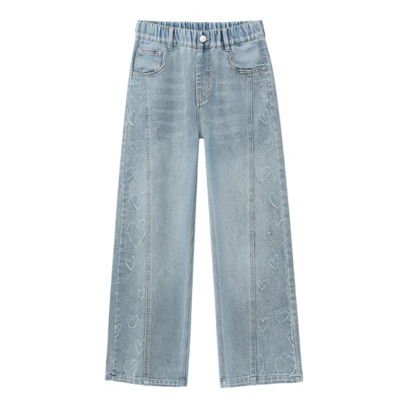CPNG Girls Baggy Jeans Elastic Waist Wide Leg Denim Pants with Side Heart Embroidery Trendy Casual Loose Streetwear Denim Trousers