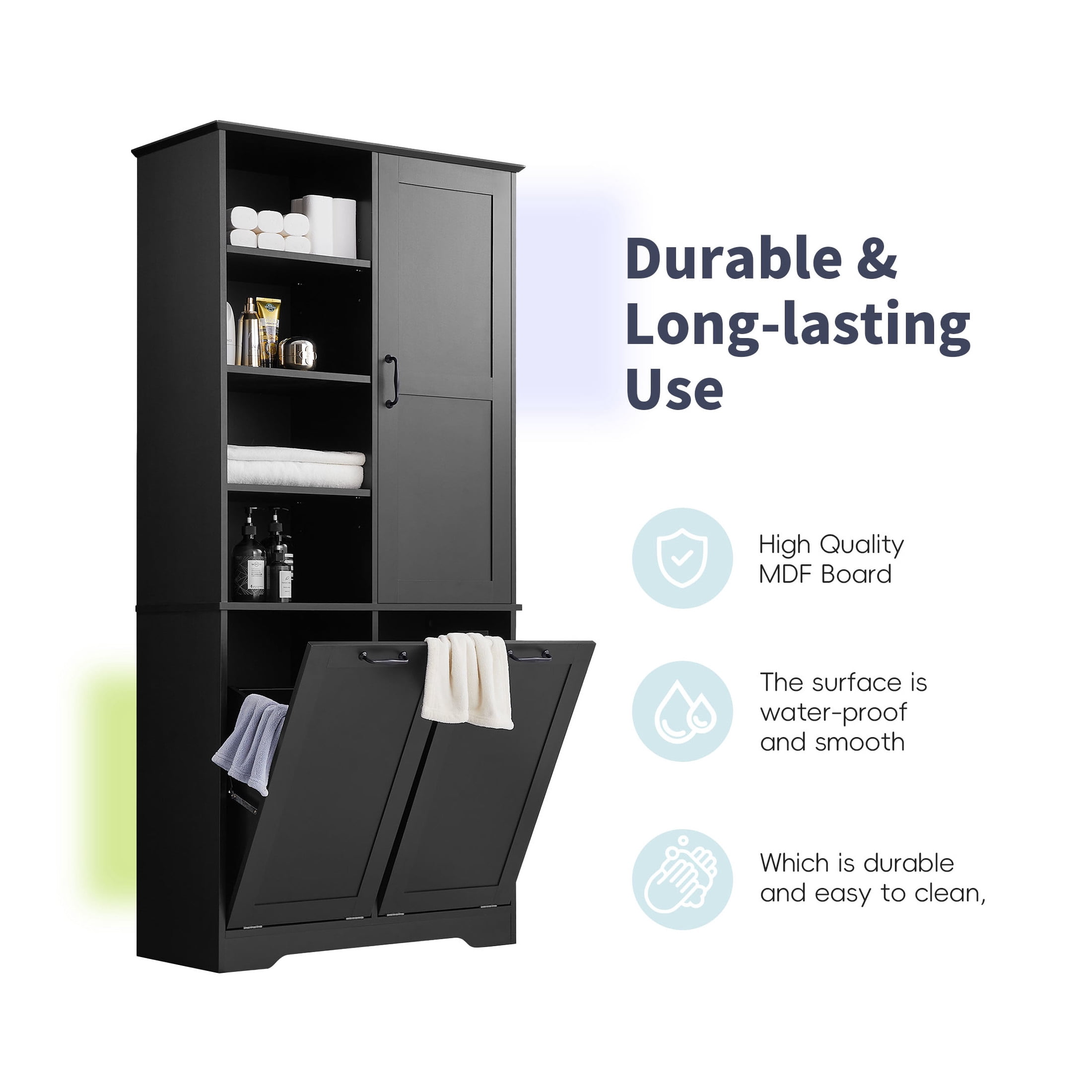 GDF Studio 68" Bathroom Storage Cabinet with Doors and Drawers, Tilt-Out Laundry Hamper, Open Shelves, Black