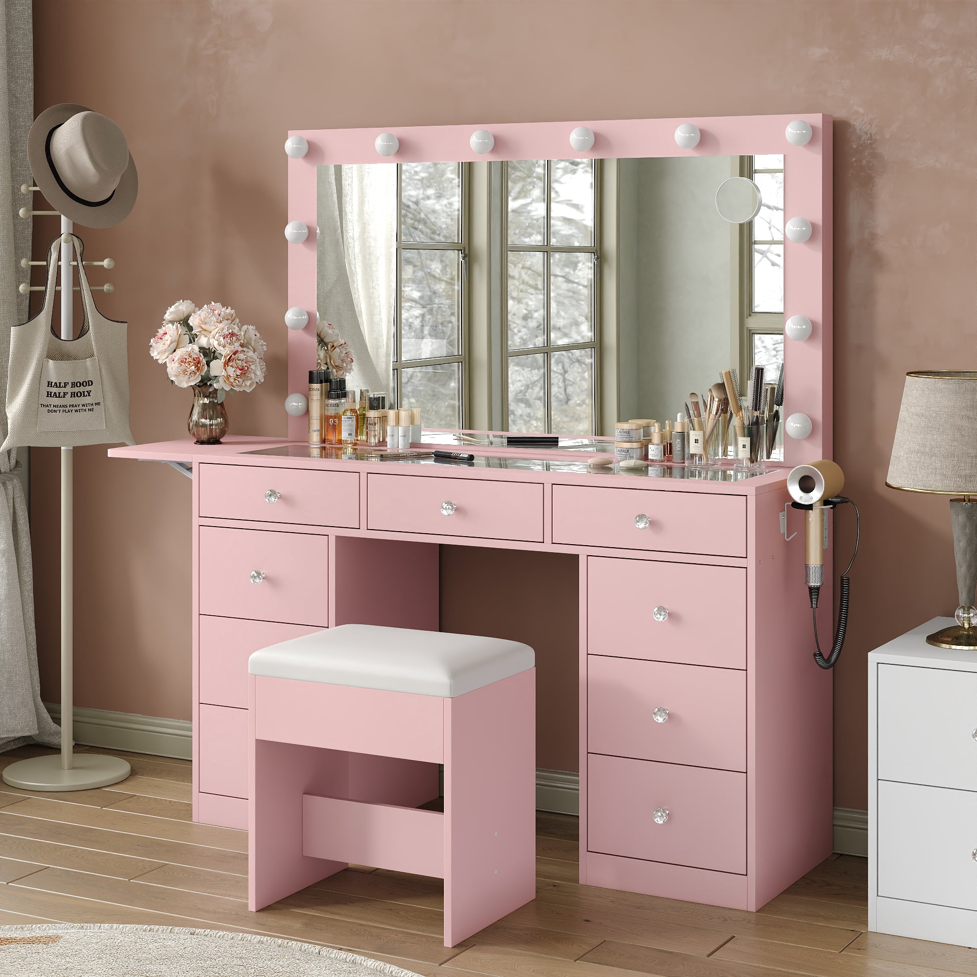 Makeup Vanity with Power Outlet, 9 Drawers Vanity Desk with Mirror and 12 LED Lights, 3 Lighting Modes, Glass Top Vanity Set,Dressing Table with Fold-Up Pane