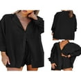 thumbnail image 4 of Women Two-piece Pants Suit  Solid Color Long Sleeve Blouse and Drawstring Elastic Waist Shorts, 4 of 5