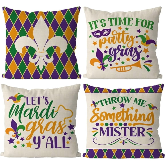 Mardi Gras Pillow Covers 18x18 Inch Set of 4 Fleur De Lis Throw Pillow Covers Masquerade Mask Bead Living Room Decorative Pillowcase Cushion Case for Sofa Couch