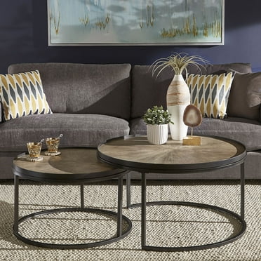 Weston Home Bluff Modern Wood and Metal Round Nesting Coffee Table, 2 Piece, Gray Oak