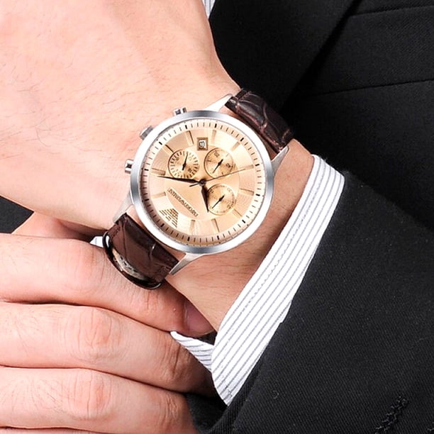 Emporio Armani Men's Classic Chronograph Cream Face Brown Leather