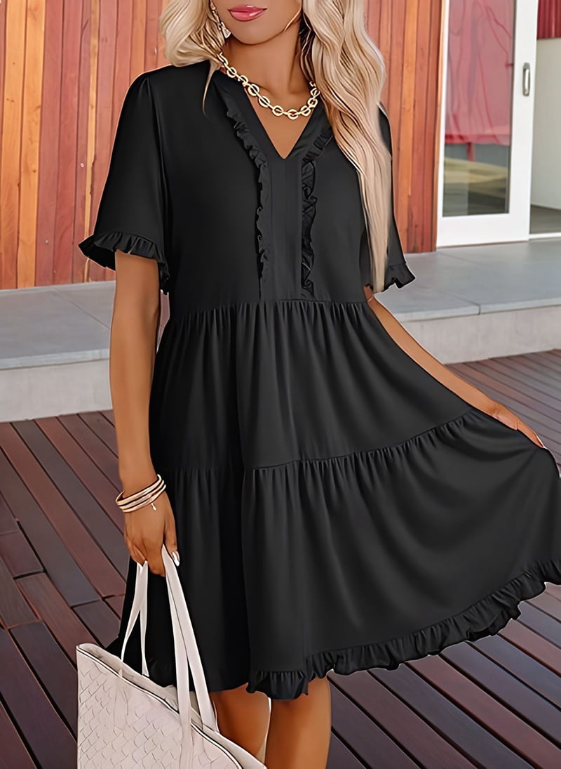 Womens Dresses 2025 Summer Spring V Neck Short Sleeve Casual A Line Flowy Swing Shift Dress Mini Dress Black S