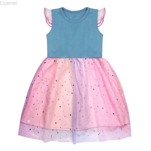 Liyamei Toddler Kids Baby Girls Dress Short Sleeve Rainbow Tulle Dress Birthday Party Princess Dresses Tutu Skirt Girls Summer Dresses 2-3 Years