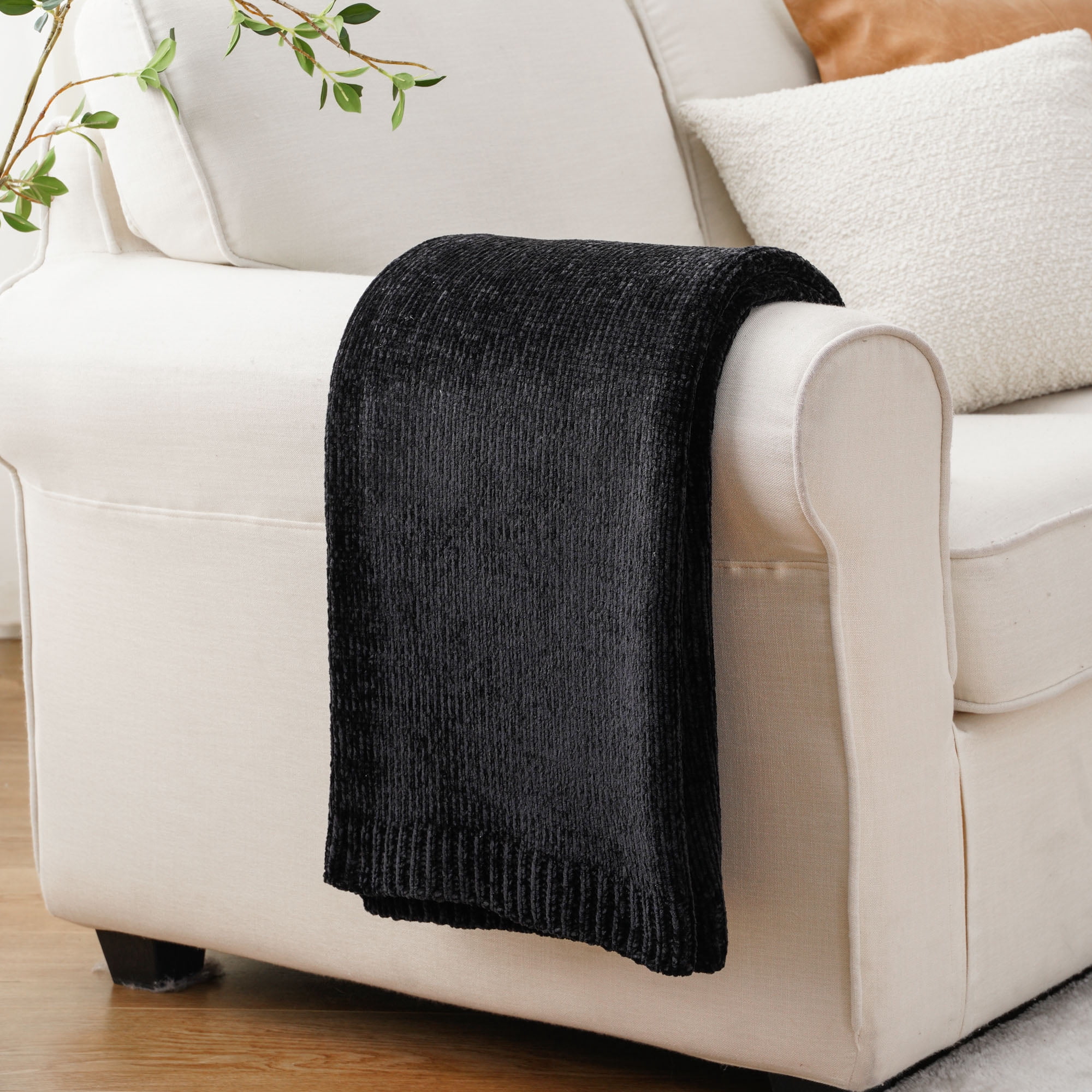 Battilo Black Chenille Throws for Couch,Soft Lightweigt Knitted Blanket for Living Room,51"x67"