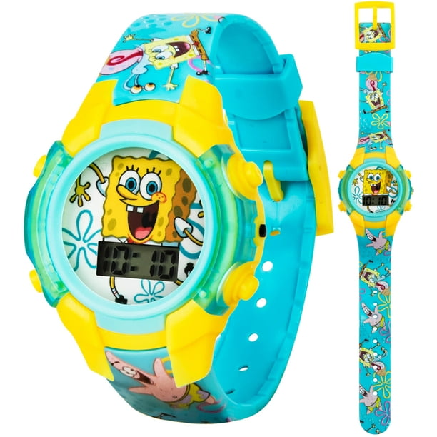 Accutime Nickelodeon Bob Esponja Reloj LCD para niños con luces LED, correa de personaje colorida, pantalla intermitente interactiva, viene en caja de lata coleccionable