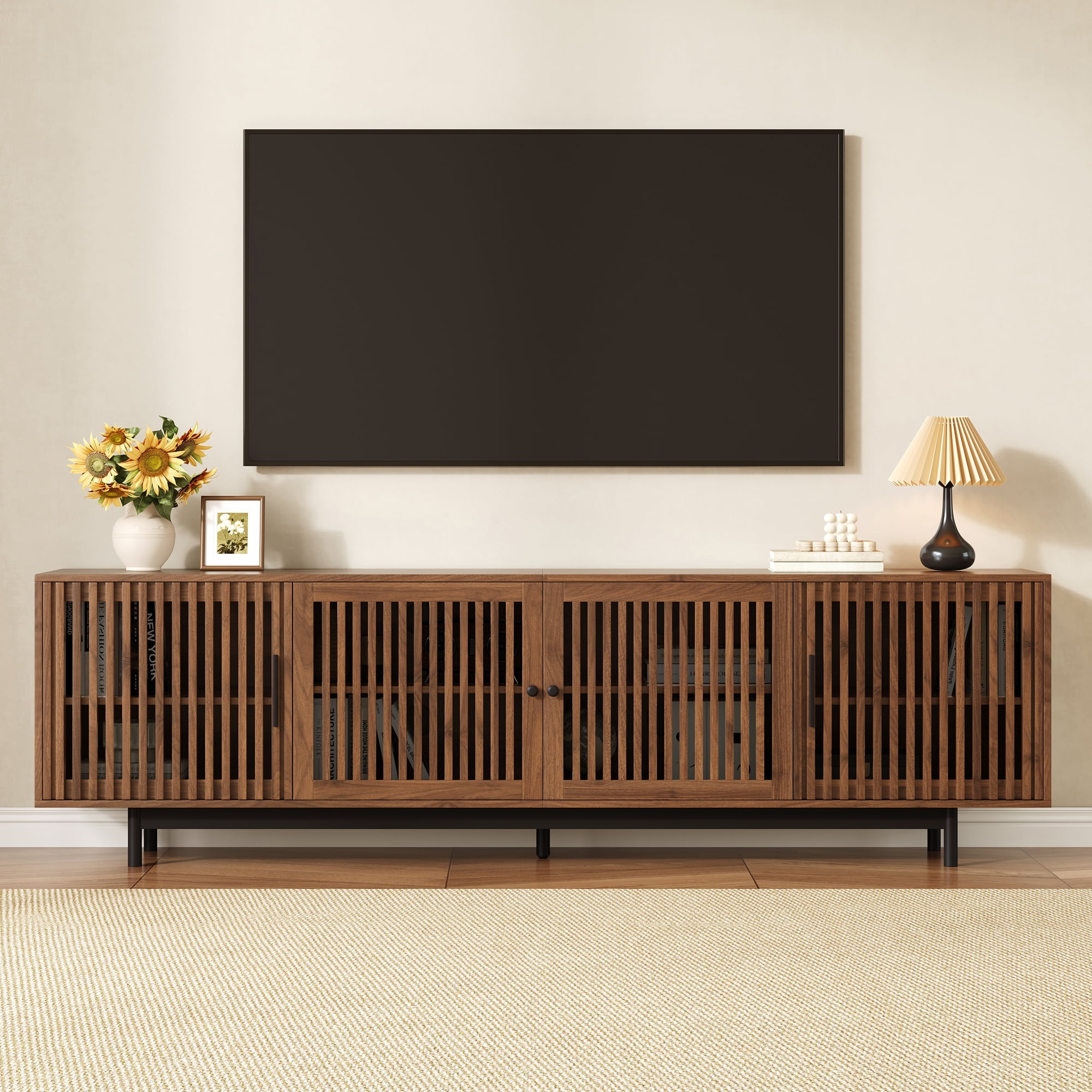TV Stand for TVs up to 85 Inch, Entertainment Center with Slatted Doors & Cable Management, Media Console with Solid Wood Legs for Living Room