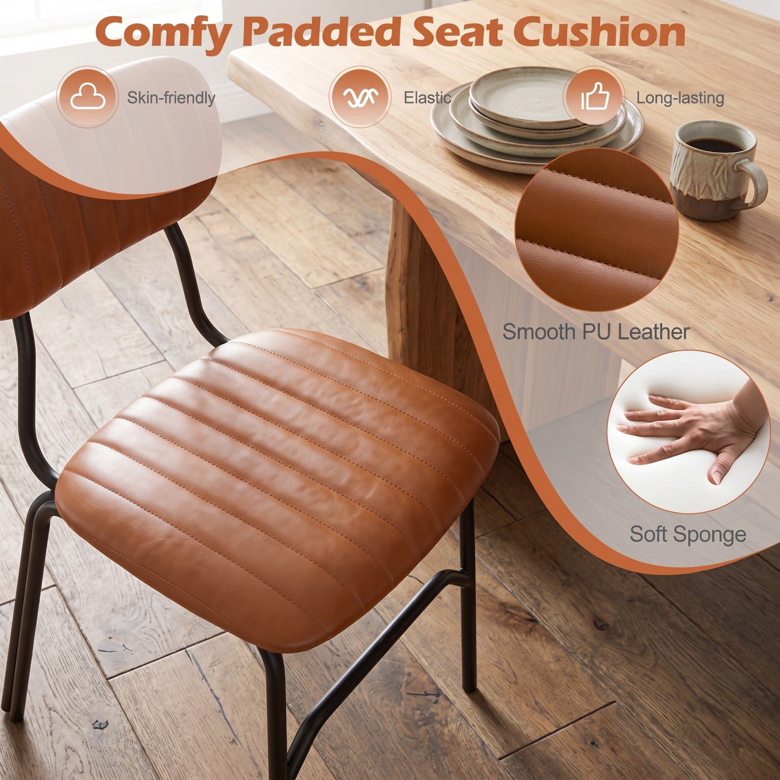 Furnibear Set of 2 Modern Dining Chairs, Upholstered PU Leather Kitchen Side Chairs with Ergonomic Backrest, Metal Legs, Rivet & Embellished Edges, 350 lb, Brown